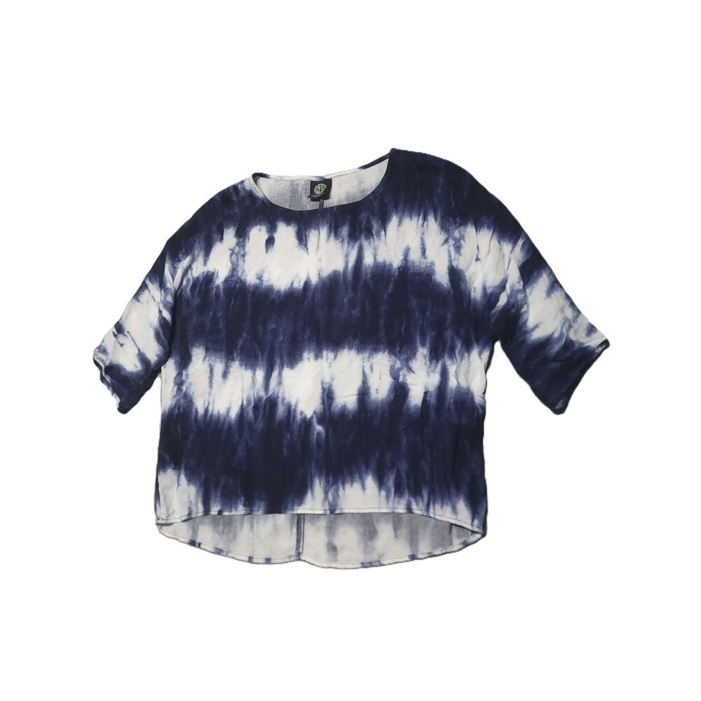 Bobeau Tie-Dye Blouse Size L Stretch Blue White 3/4-Sleeve Boat Neck USA Top